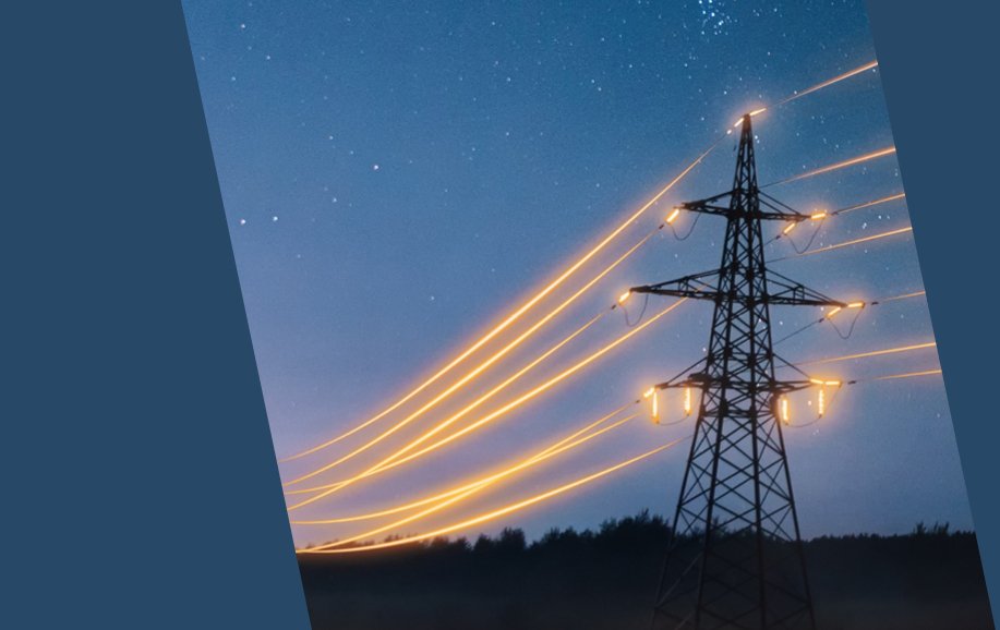 Power lines with electricity at night